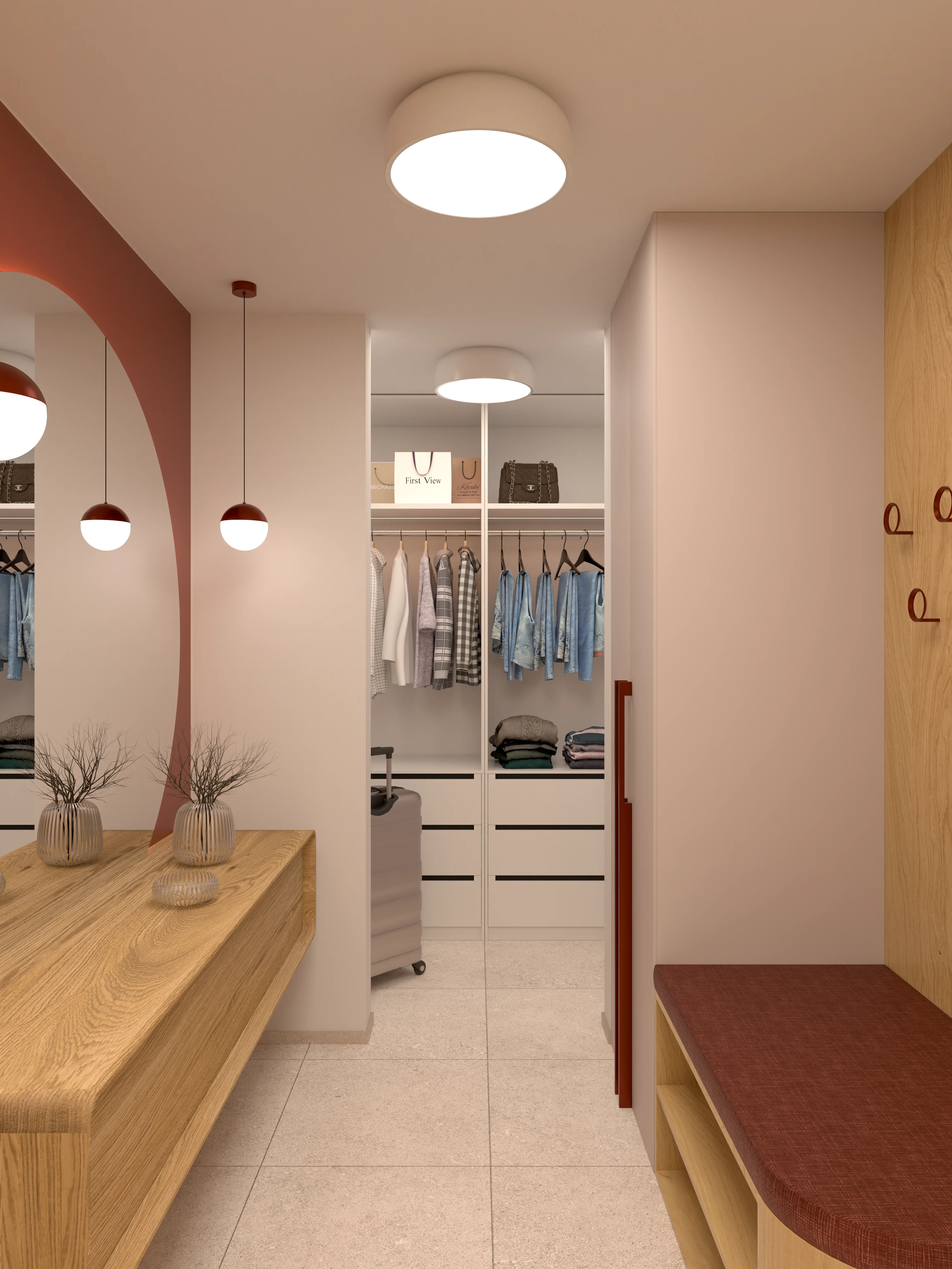 Šatna v bytě 2+KK – interiérová vizualizace