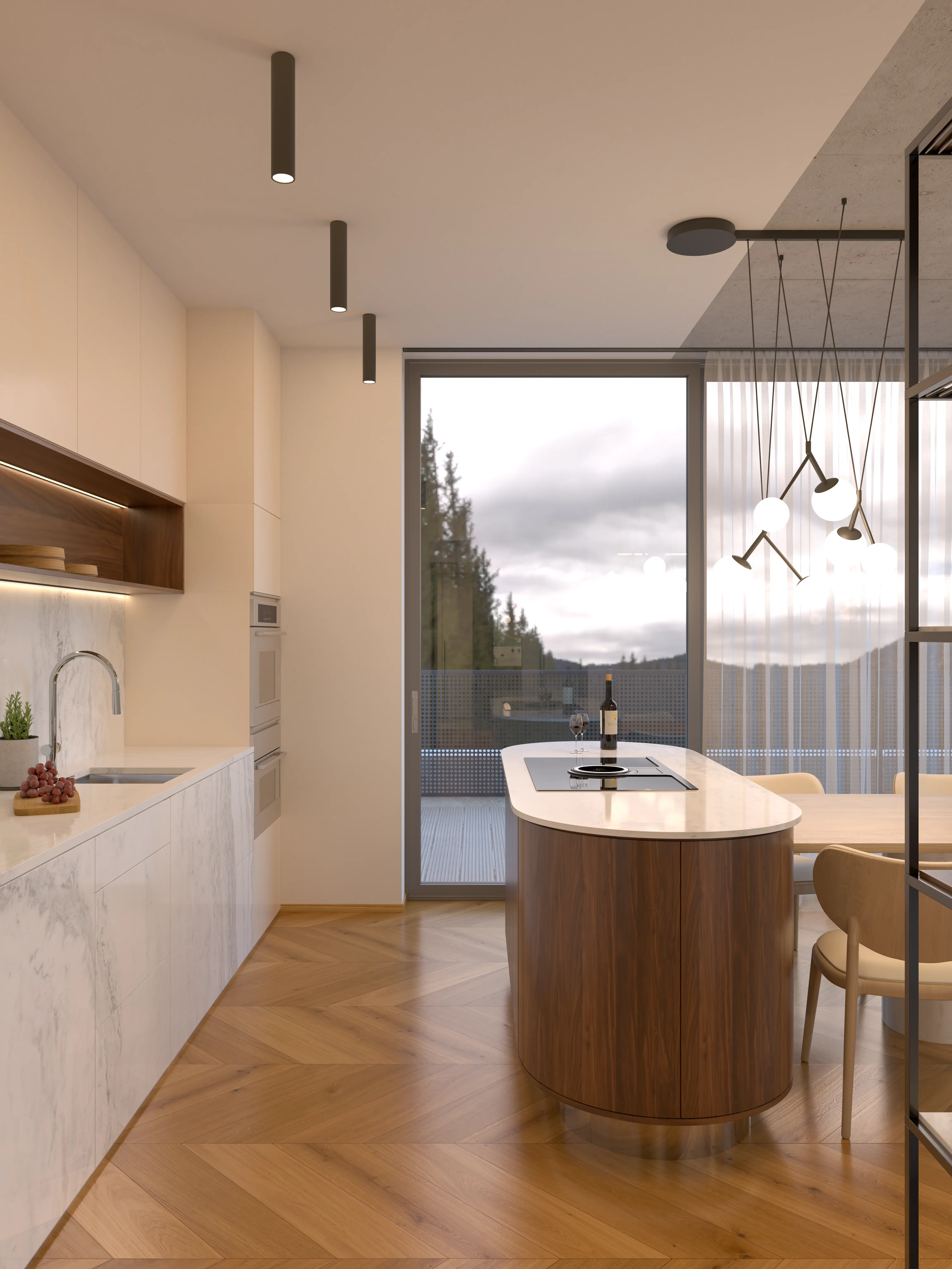 Kuchyňská linka v moderním bytě 3+KK – interiérová vizualizace