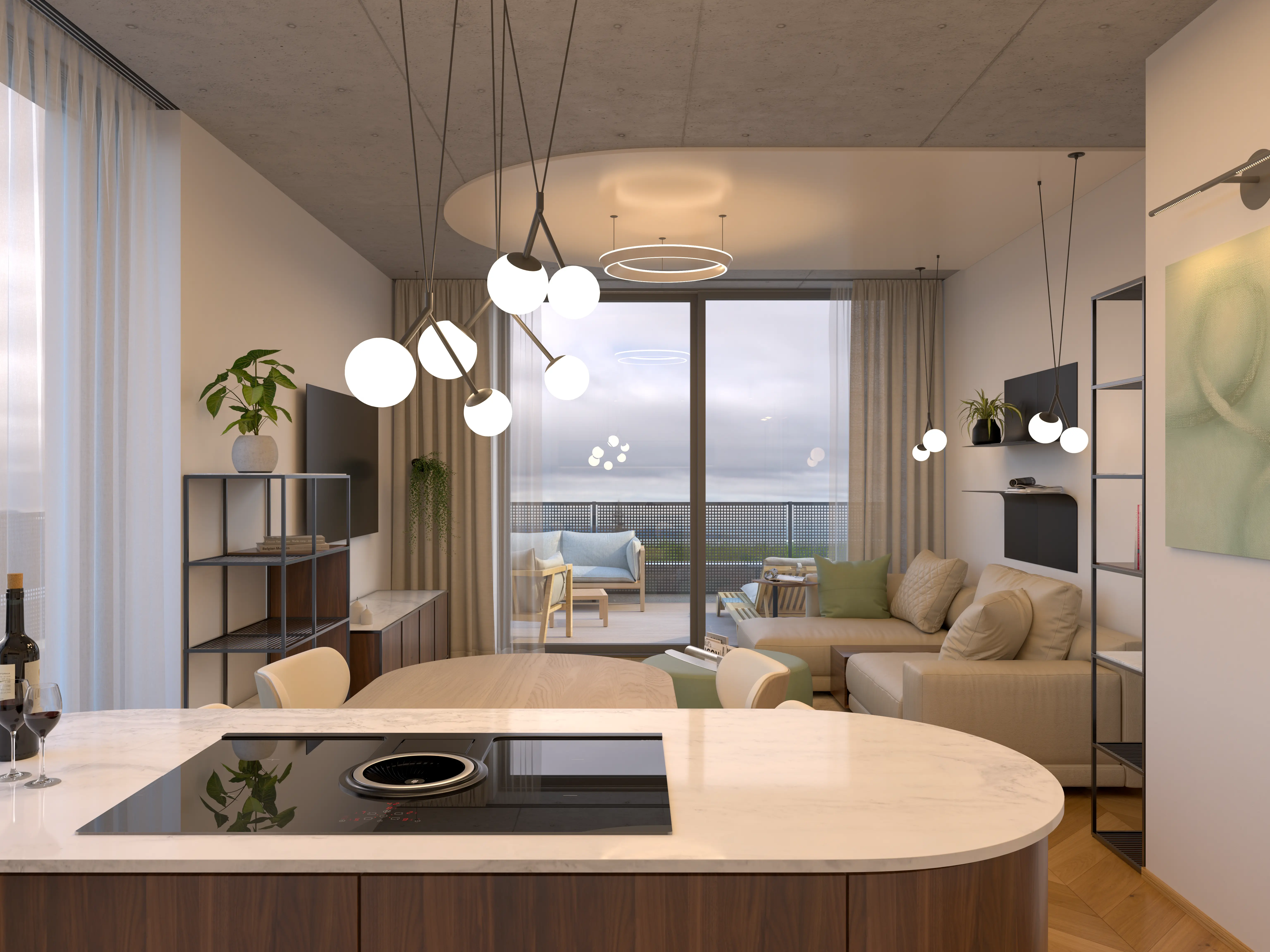 Obývací pokoj moderního bytu 3+KK – interiérová vizualizace